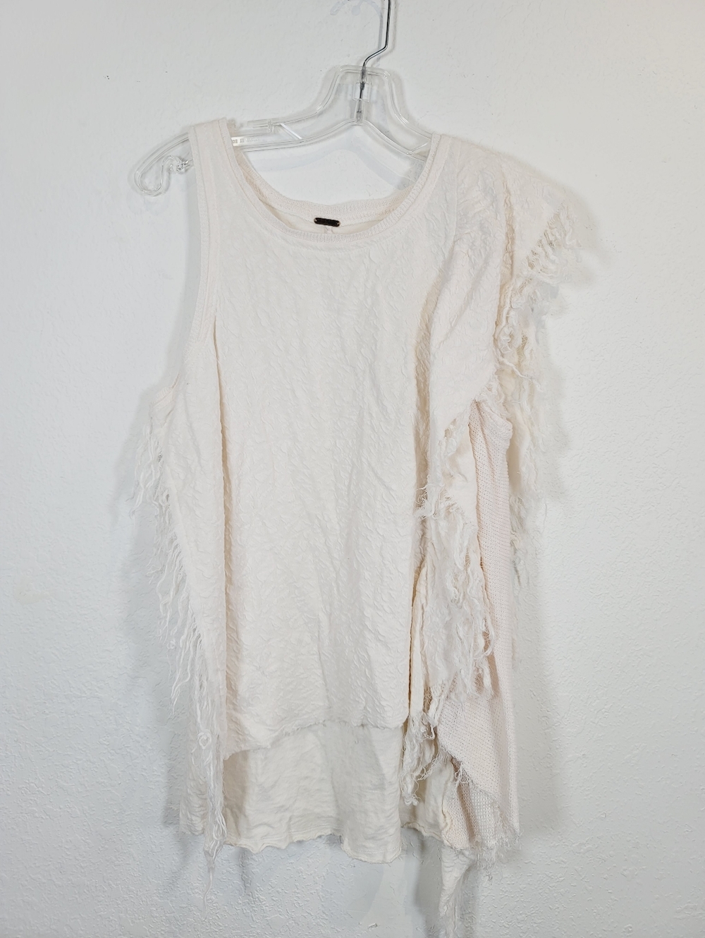 Free People Cream Textured Fringe Sleeveless Tank Top, Size Small